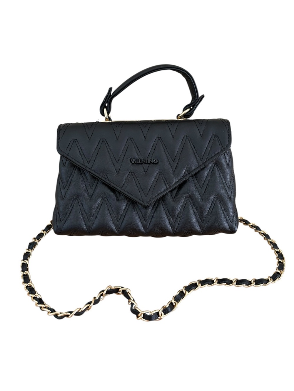 Valentino Lynn Crossbody Bag Black Quilted Chevron Top-Handle with Chain Strap